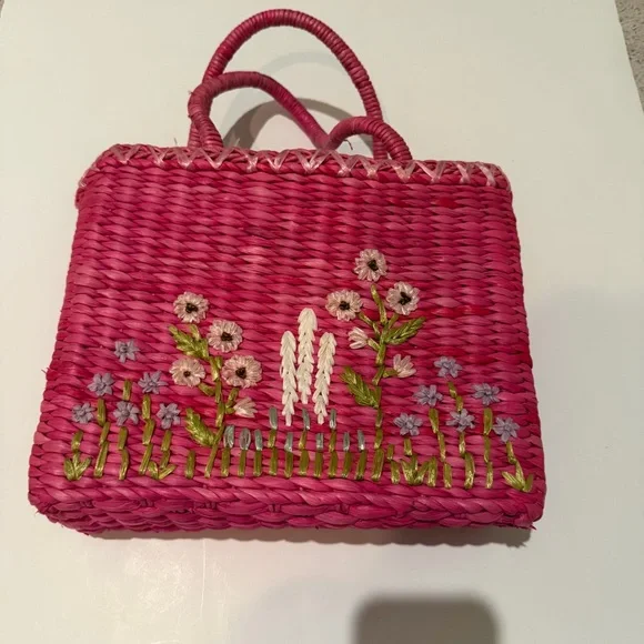 Vintage 1980’s Marlo Pink Floral Embroidered Woven Tote Bag Purse - Picture 2 of 14